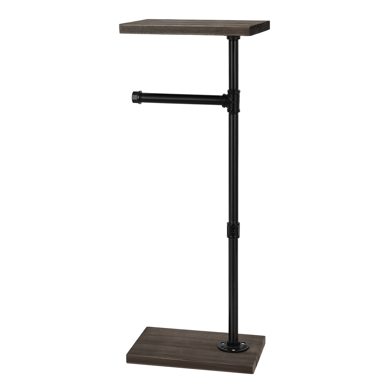 Vertical Industrial Toilet Paper Holder with Wooden Shelf Freestanding Bathroom Organizer for Paper Towels, Tissues, & Toiletries Rustic Tubular Design, 4-Roll Storage, Easy Assembly